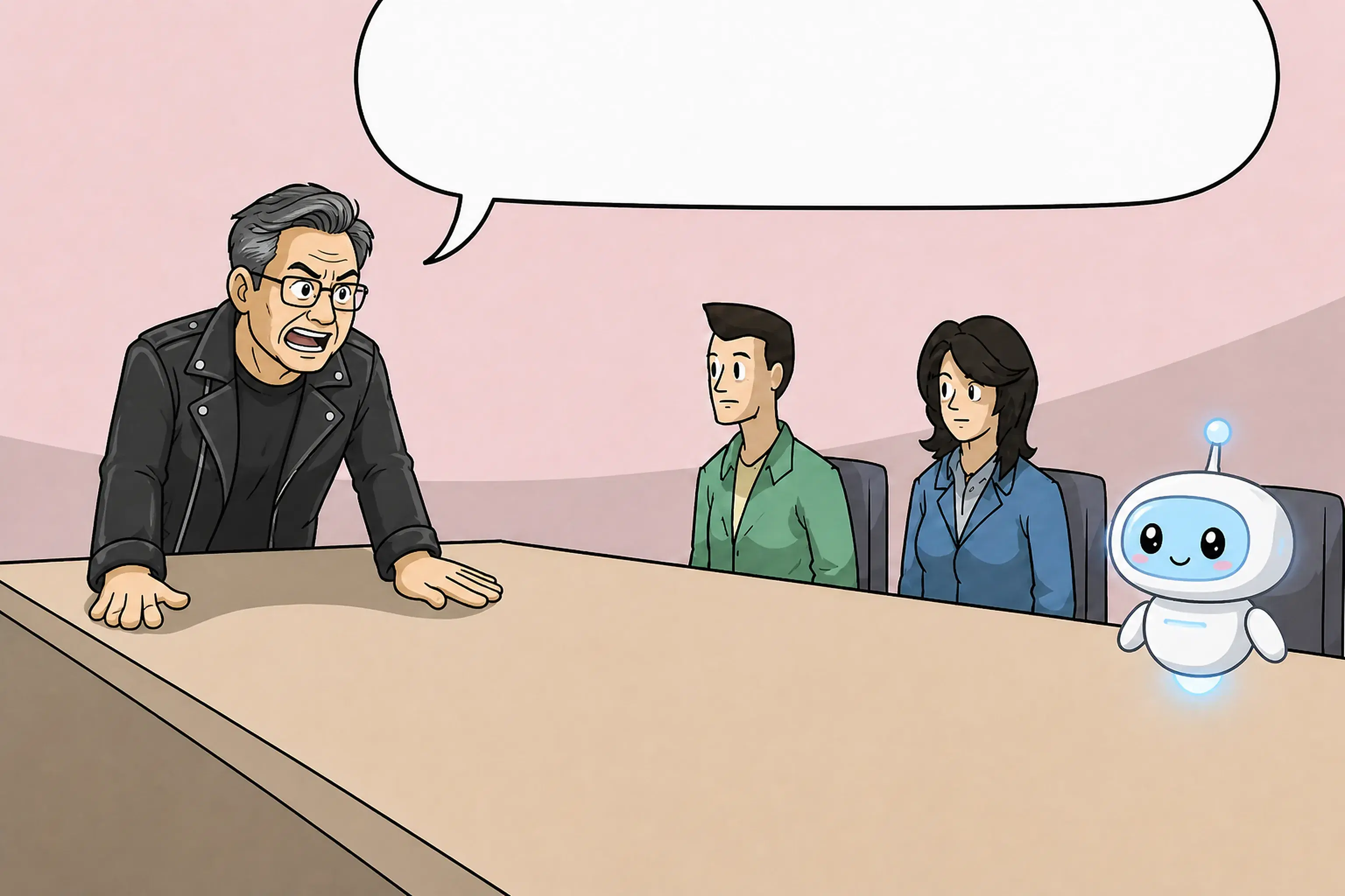 A boardroom. The boss — leather jacket, glasses, swept-back grey hair — leans over the table: “The stock is down. Suggestions?” Two employees listen. In the last chair hovers a small white robot with a glowing face — an agent.