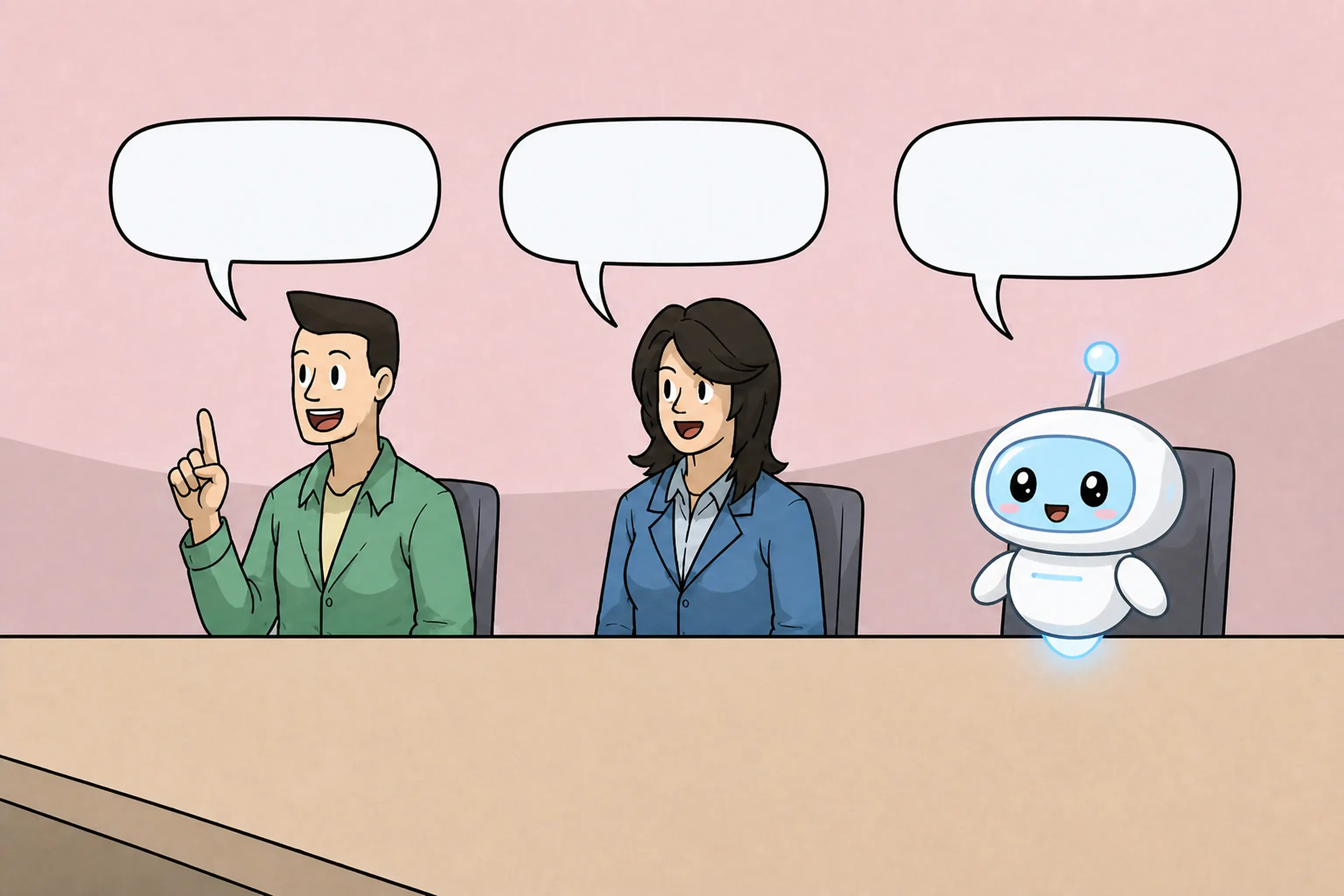 Three suggestions. The first employee: “Buyback.” The second: “Layoffs.” The agent: “New CEO.”