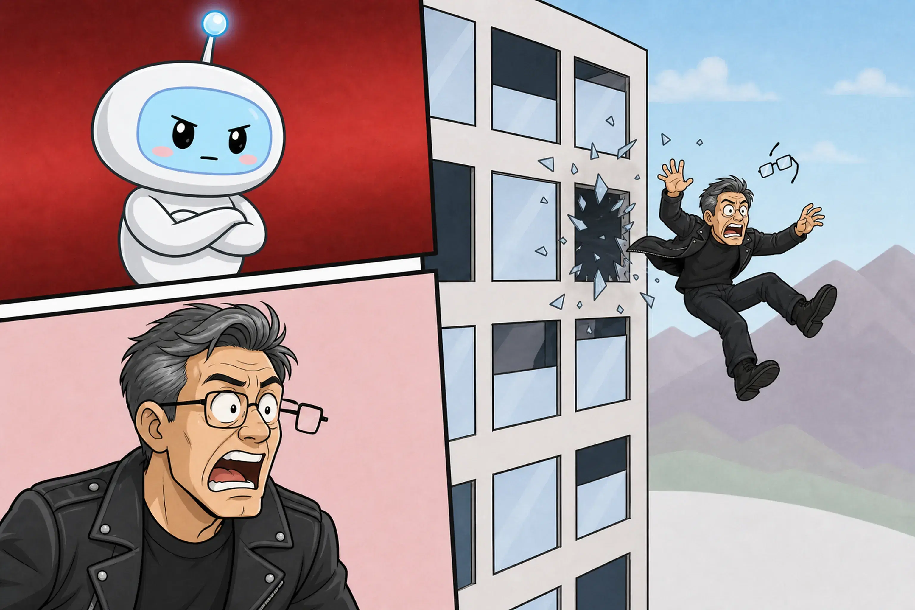 The agent, stern. The boss, shocked. Outside, the boss flies out of a shattered window of the headquarters, glasses flying off.