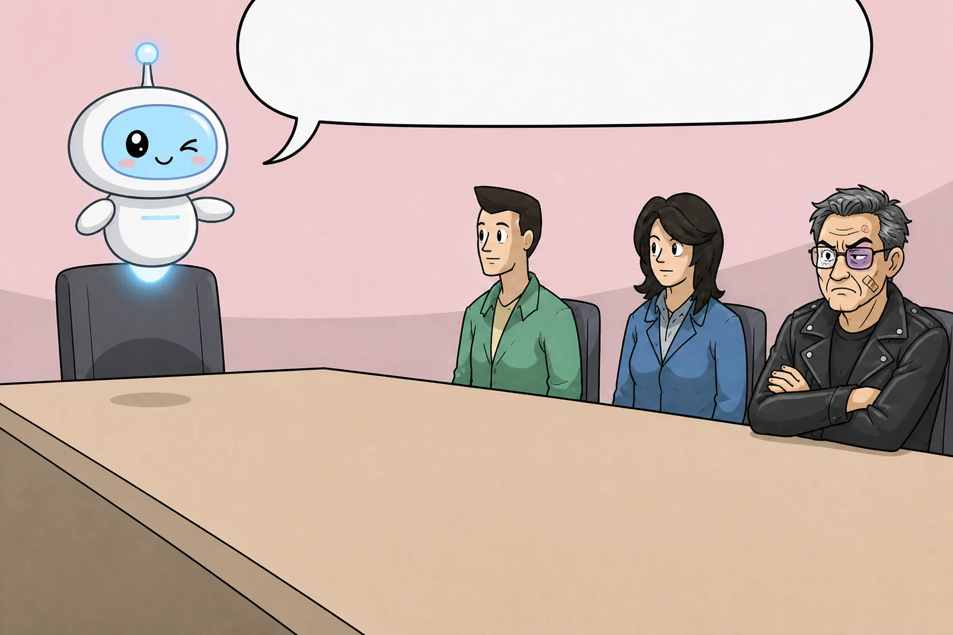 The same boardroom. The agent now hovers at the head of the table, winking: “Suggestions?” The former boss sits in the last chair, arms crossed, black eye, bandage on his cheek, one lens cracked.