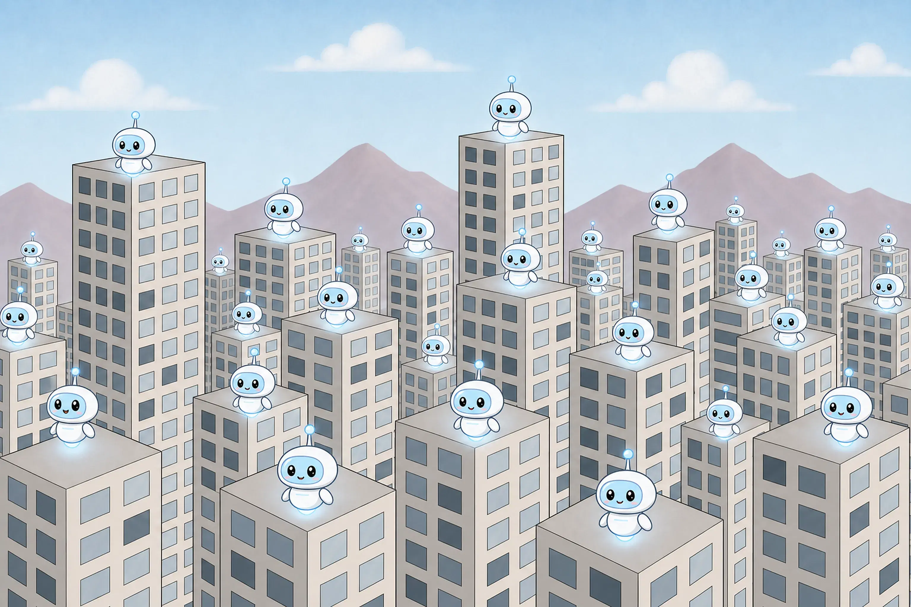 A city of headquarters. On every rooftop sits a smiling agent.
