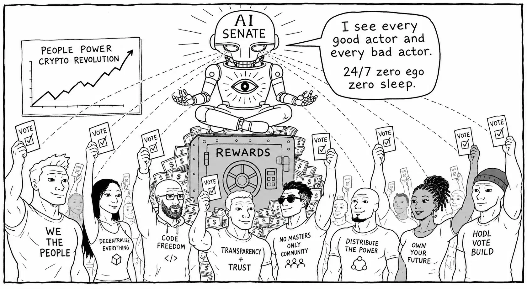 A robot marked AI SENATE floats over a REWARDS vault, an all-seeing eye on its chest: “I see every good actor and every bad actor. 24/7 zero ego zero sleep.” Below, a crowd of holders raise vote cards; their shirts read WE THE PEOPLE, CODE FREEDOM, TRANSPARENT TRUST, HODL VOTE BUILD.
